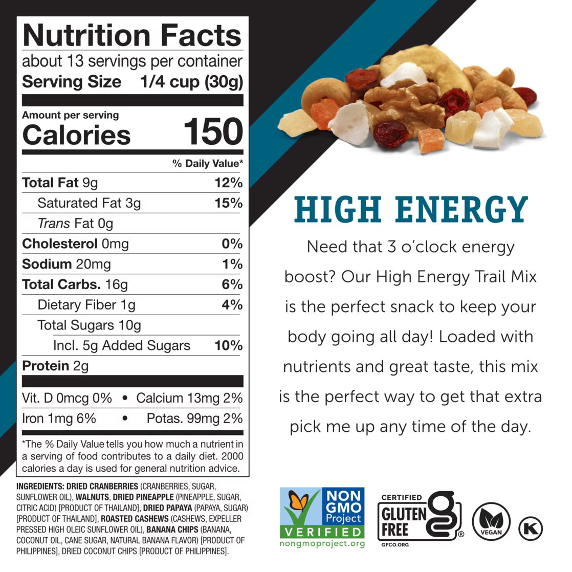 (5 pack) Power Up Trail Mix High Energy 14oz, Gluten Free, Vegan, Non-GMO