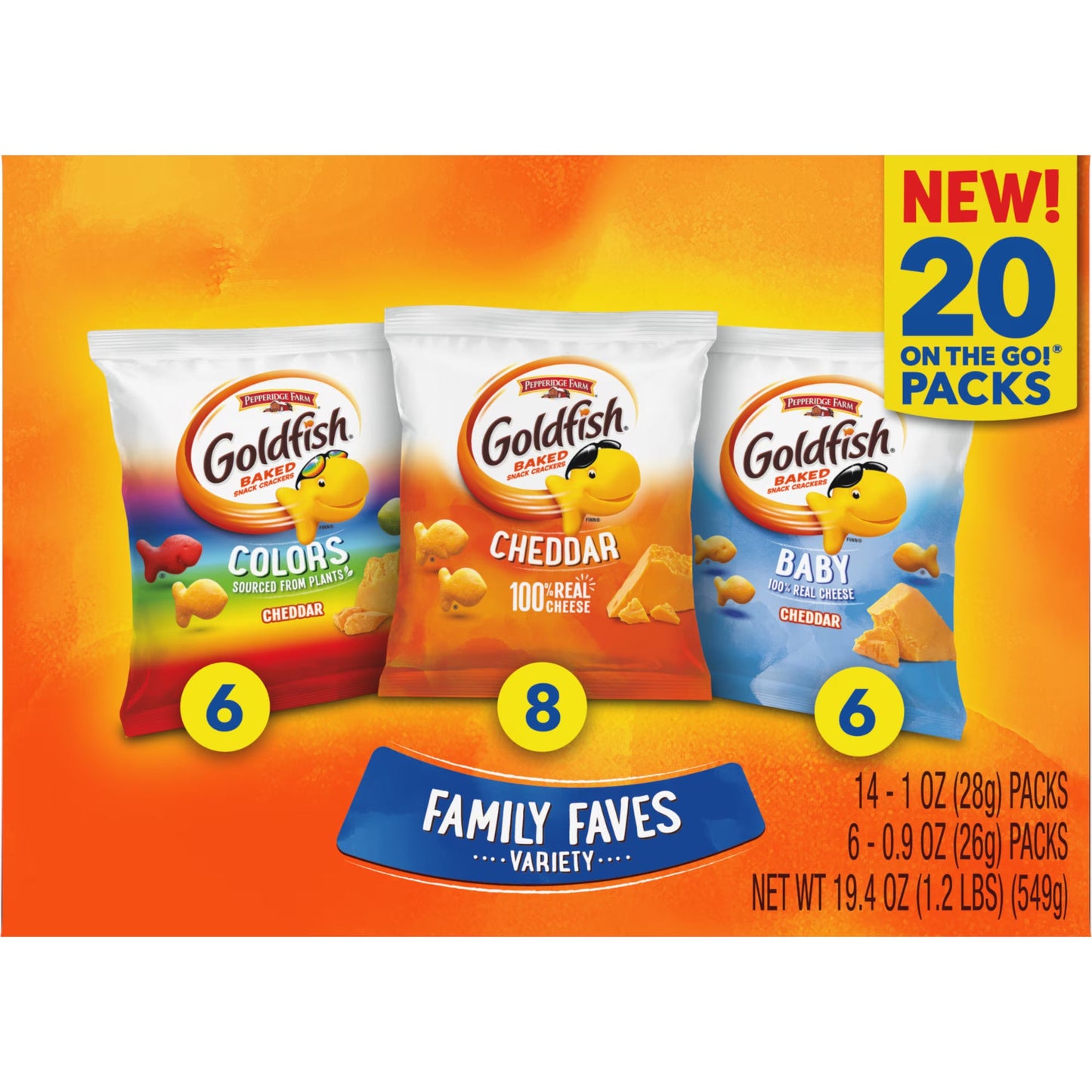 Goldfish Family Faves Crackers, Cheddar, Colors and Baby Crackers Snack Pack, 0.9 oz, 20-Count Variety Pack Box( 2 pack)