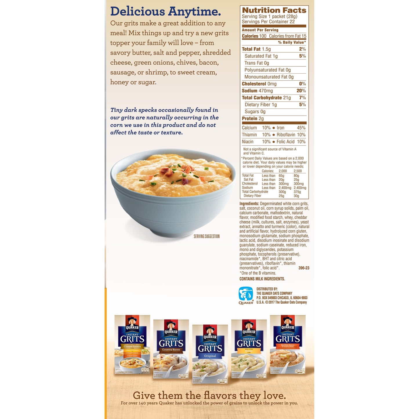 Quaker Instant Grits Cheddar Cheese Naturally Flavored, 0.98 oz 22 Count Box