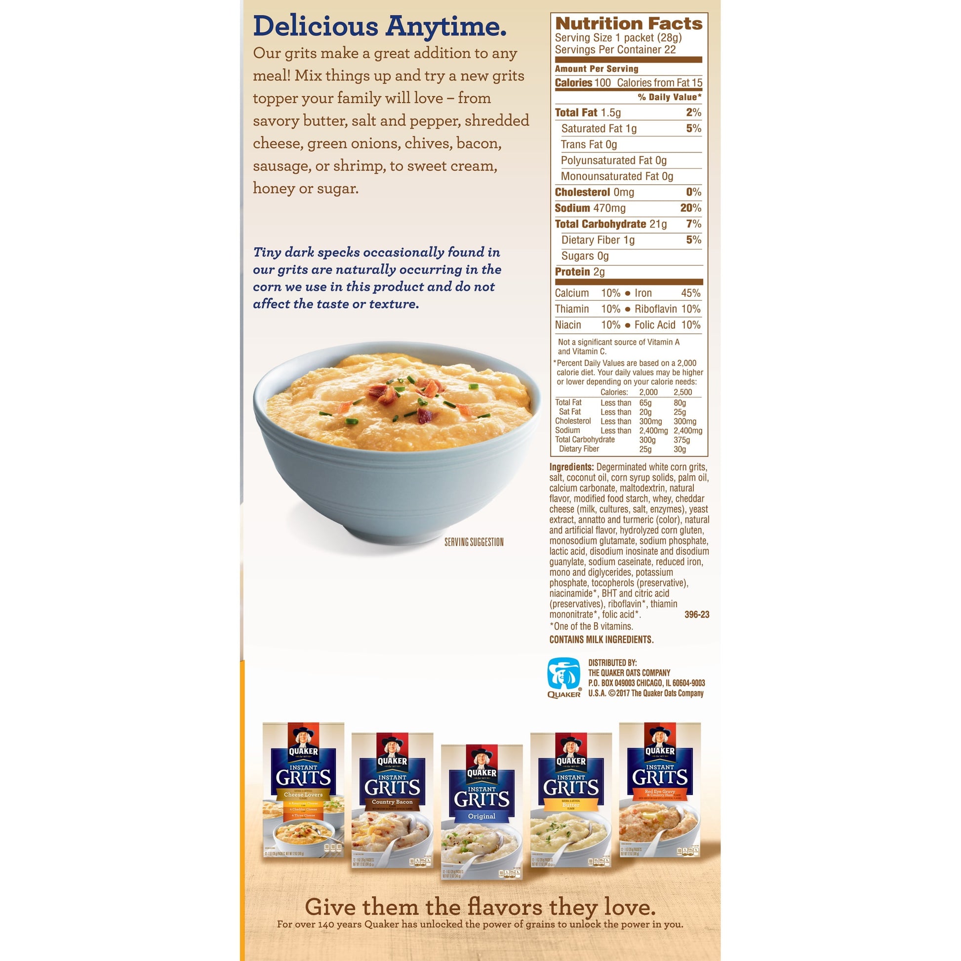 Quaker Instant Grits Cheddar Cheese Naturally Flavored, 0.98 oz 22 Count Box