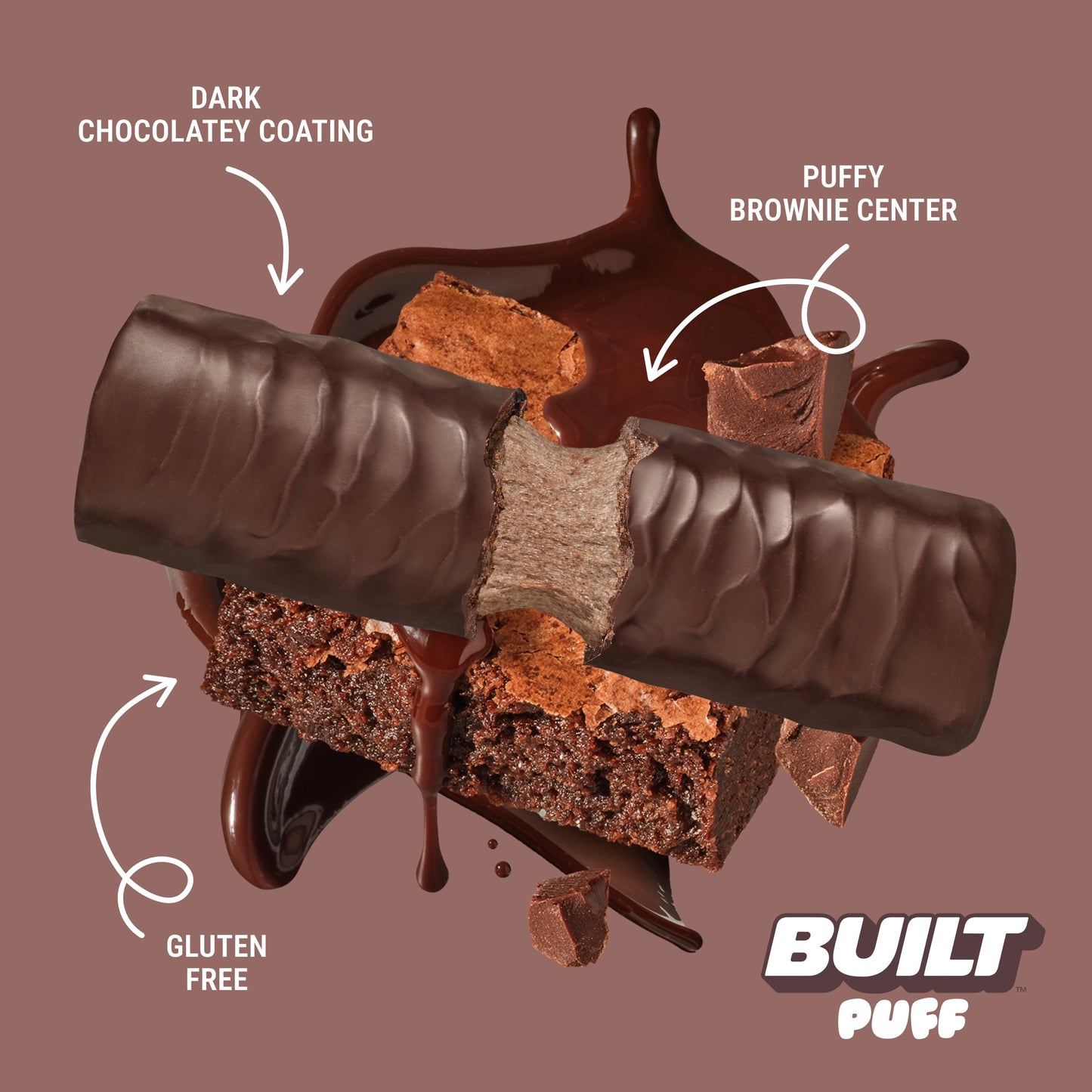 BUILT Puff Protein Bar, Brownie Batter, 17g Protein, Collagen, 140 Calories, 4 Count Box, 1.41 oz Bars