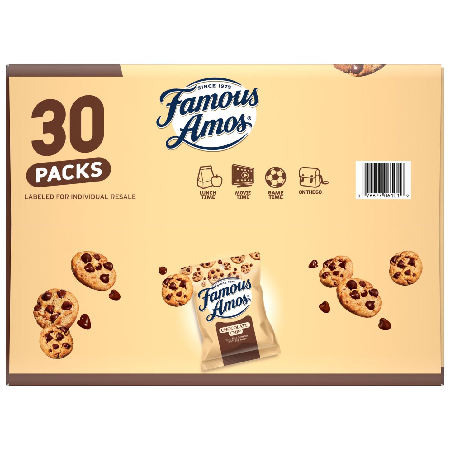 (3 pack) Famous Amos Classic Chocolate Chip Cookies, Bite-size cookies, Sweet Treats, 30 Pack Box, 1 oz Bag