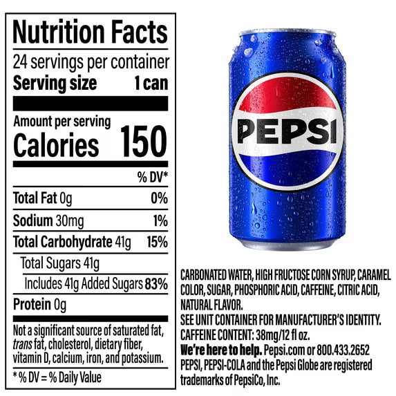 Pepsi Cola Soda Pop, 12 fl oz, 24 Count