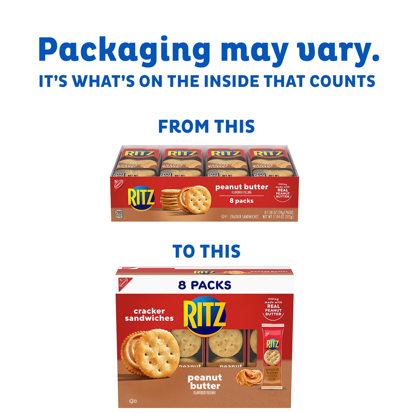 (3 pack) RITZ Peanut Butter Sandwich Crackers, Lunch Snacks, 8 Snack Packs (6 Crackers Per Pack)