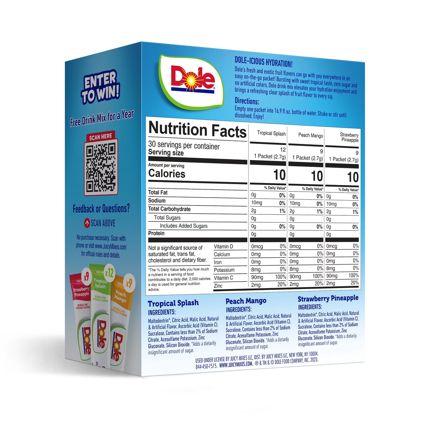 (3 pack) Dole Powder Drink Mix Variety Pack, Tropical, Peach Mango & Strawberry Pineapple, Sugar-Free, 30 Ct