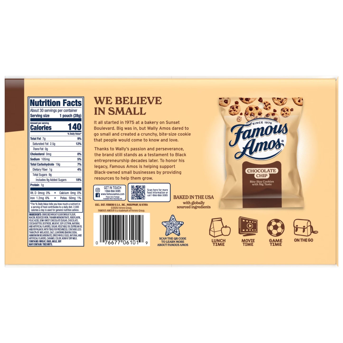 (3 pack) Famous Amos Classic Chocolate Chip Cookies, Bite-size cookies, Sweet Treats, 30 Pack Box, 1 oz Bag