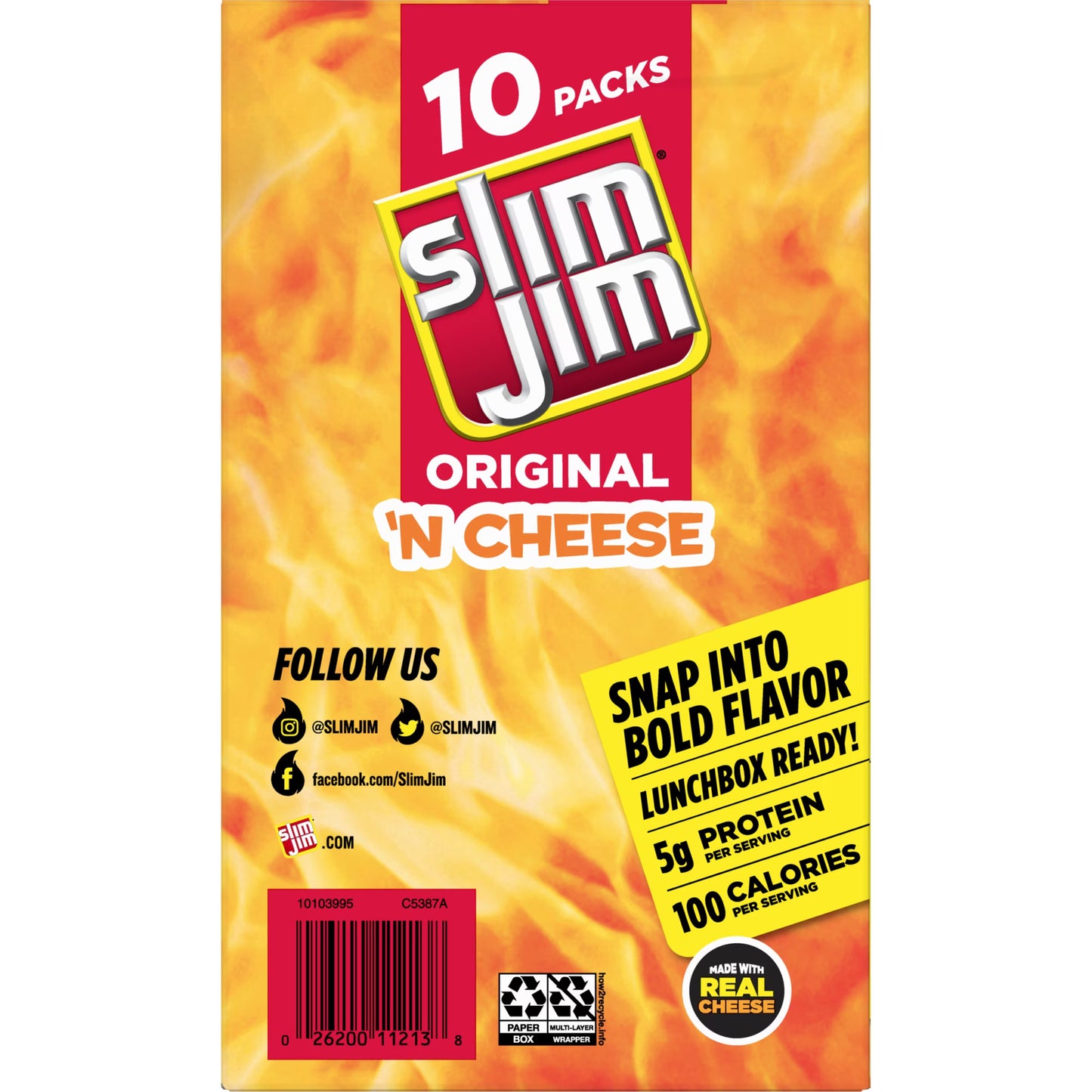 Slim Jim Smoked Meat Jerky Snack Sticks & Cheese, Original Flavor, 5g Protein Per Serving, 0.9 oz. (10-Count)