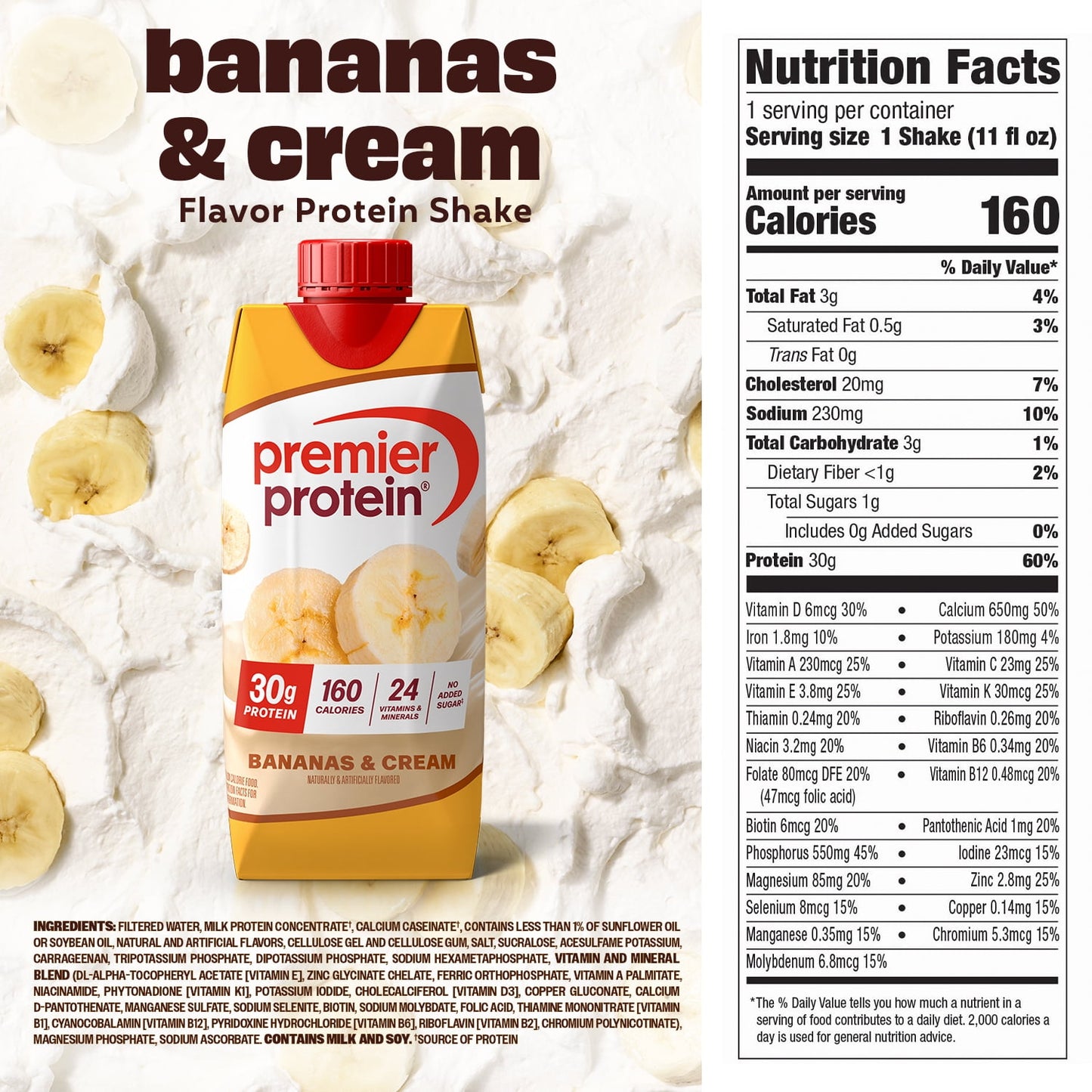 Premier Protein Shake, Bananas & Cream, 30g Protein, 11 Fl Oz, 4 Ct