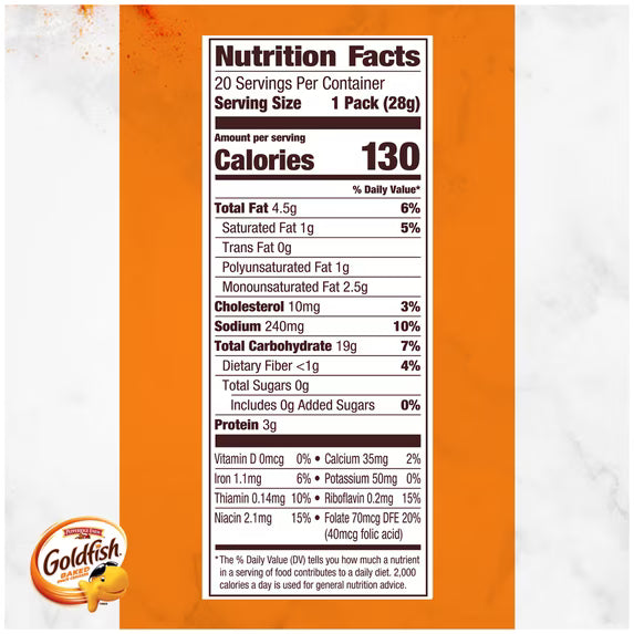 Goldfish Cheddar Cheese Crackers, Baked Snack Crackers, 1 oz on-The-Go Snack Packs, 20 Count Box