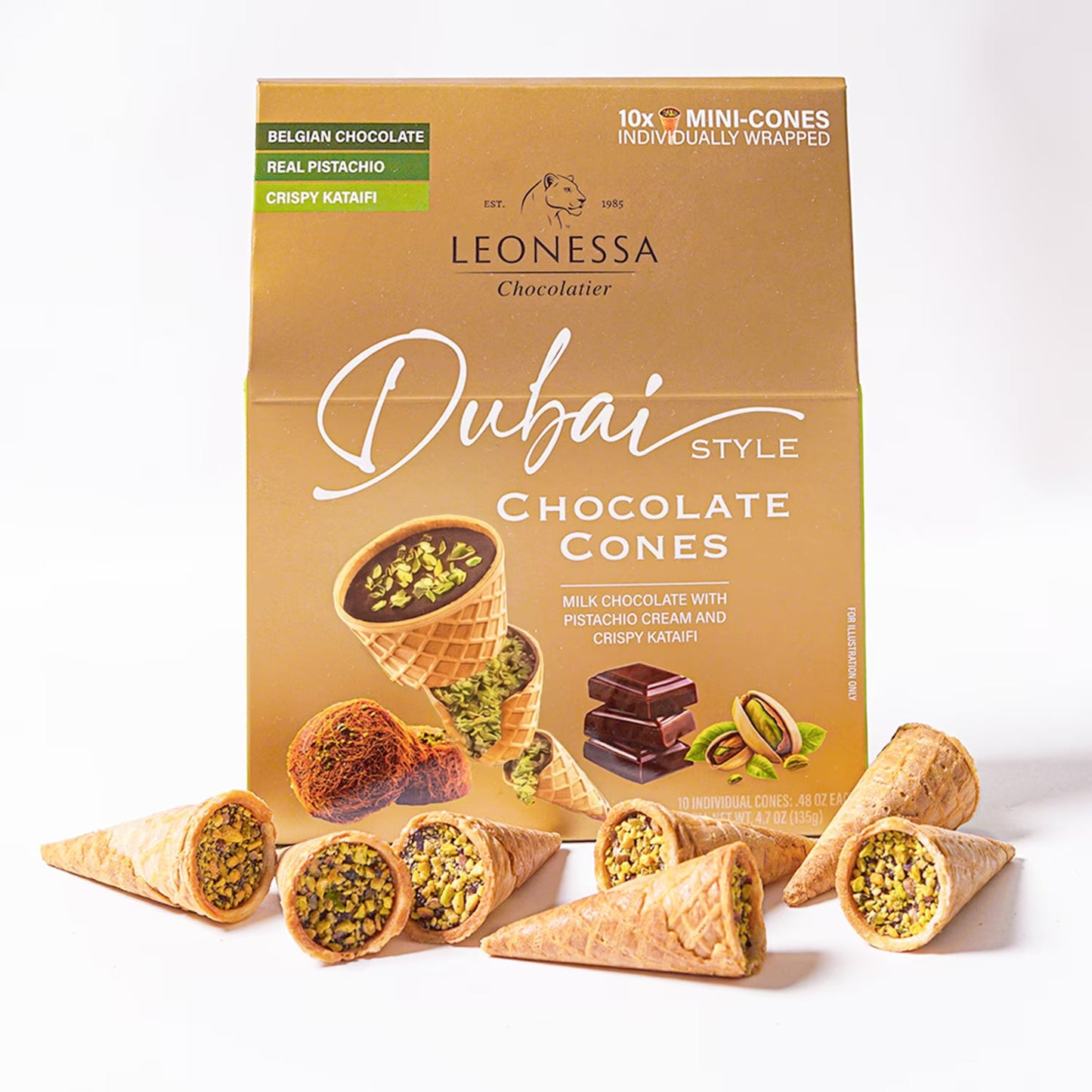 Leonessa Chocolatier Dubai Chocolate Cones, Milk Chocolate with Crispy Kataifi & Pistachio Kunafa Cream, Made with Belgian Chocolate, 4.7 oz Gable Box, 10 Count ( pack of 2)