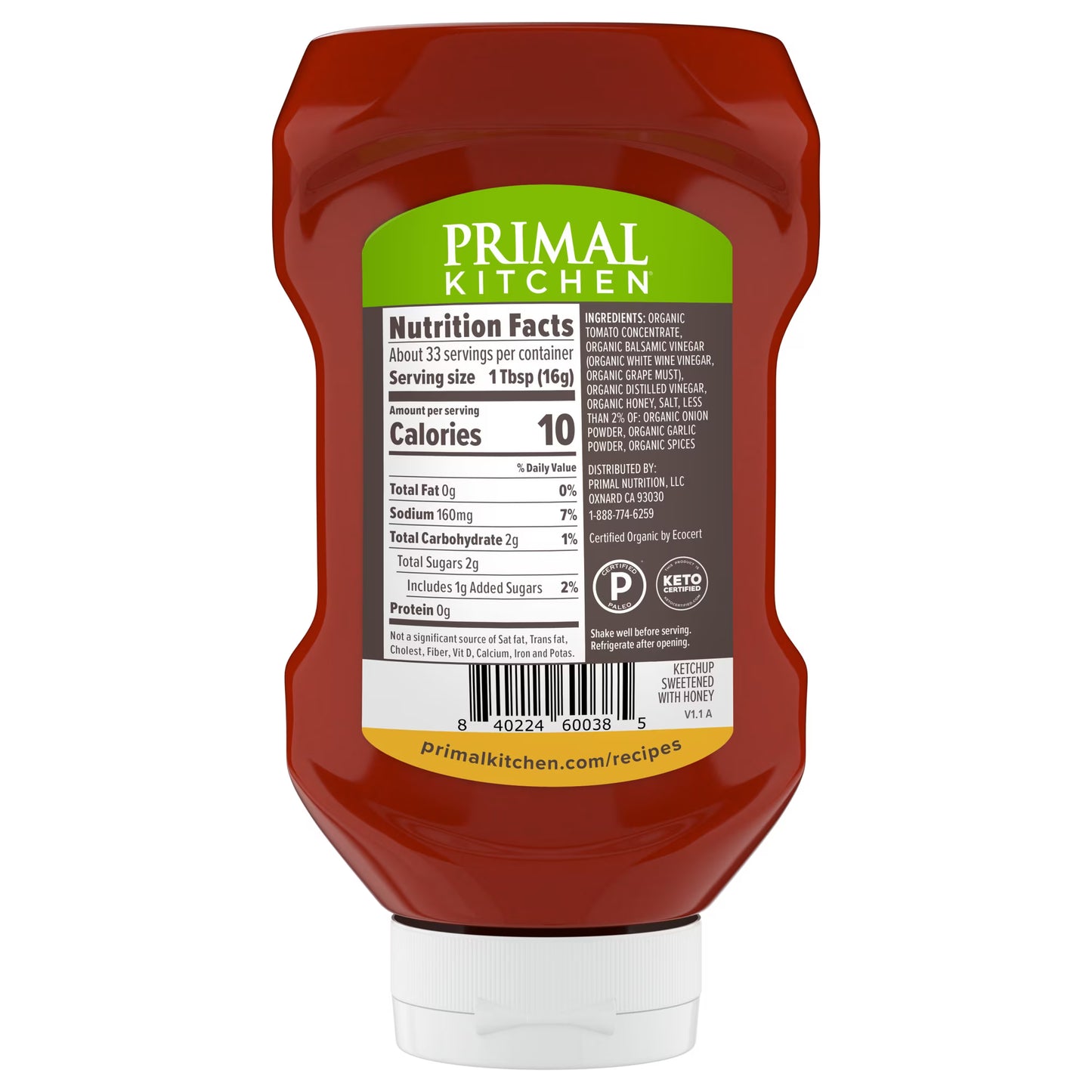 Primal Kitchen A Tad Sweet Squeeze Ketchup - Sweetened with Honey, 18.5 oz