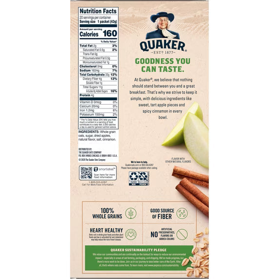 (8 pack) Quaker, Instant Oatmeal, Apple & Cinnamon, 1.51 oz, 20 Packets
