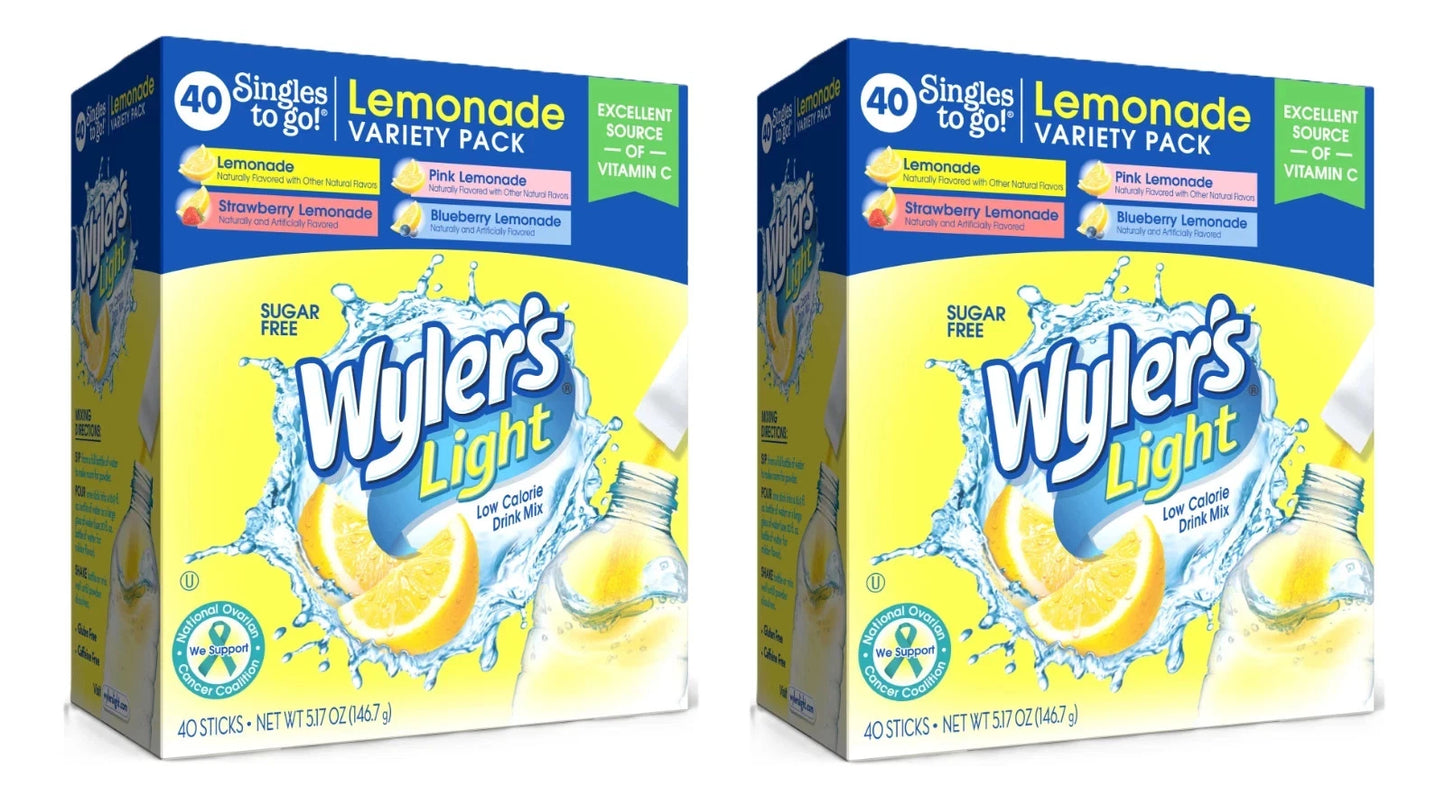 Wyler's Light Lemonade Powder Mix, Singles To Go Variety Pack, 4 Flavors, 40 Count (Pack of 2)